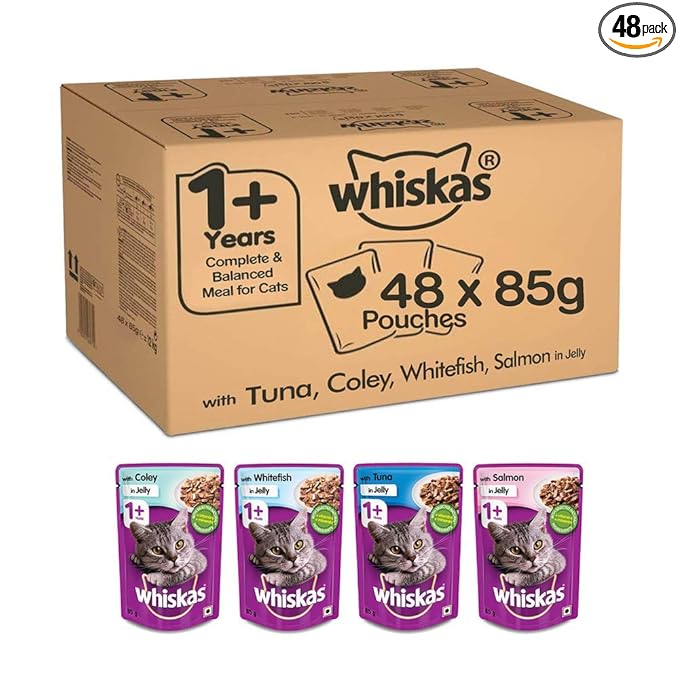 Whiskas Wet Cat Food Combo for Adult Cats (1+ Years s), Tuna in Jelly Flavour + Chicken in Gravy Flavour, 48 Pouches (48 x 85 g)