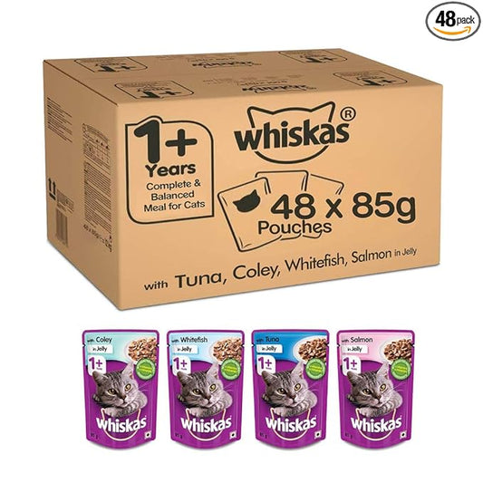 Whiskas Wet Cat Food Combo for Adult Cats (1+ Years s), Tuna in Jelly Flavour + Chicken in Gravy Flavour, 48 Pouches (48 x 85 g)