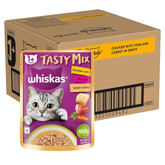 Whiskas Tasty Mix Adult (1+ Year) Wet Cat Food, Chicken with Tuna & Carrot in Gravy, 70 g, Pack of 28| Made with Real Fish| Complete & Balanced Nutrition for Adult Cat