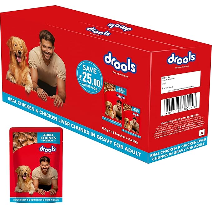 Drools Adult Wet Dog Food, Real Chicken and Chicken Liver Chunks in Gravy, 15 Pouches (15 x 150g)+ Drools Focus Puppy Super Premium Dog Food (1.2Kg),1.2 g (Pack of 1)