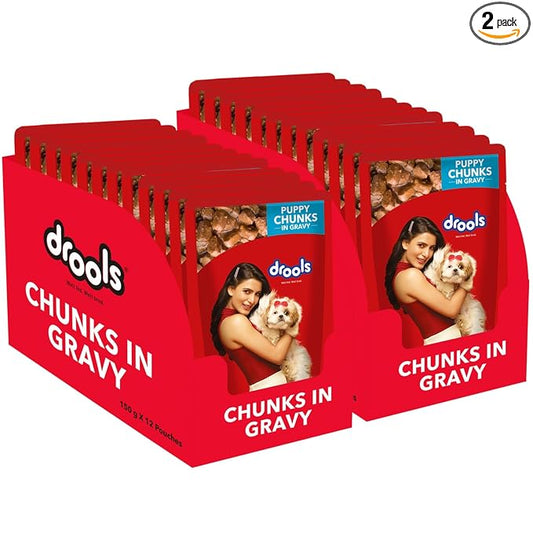 Drools Puppy Wet Dog Food, Real Chicken and Chicken Liver Chunks in Gravy, 3.6Kg (150g X 24) Pack of 48