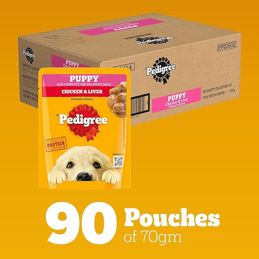 Pedigree Puppy Wet Dog Food, Chicken Chunks in Gravy, 70 g (Pack of 90), Complete & Balanced Meal for Puppies