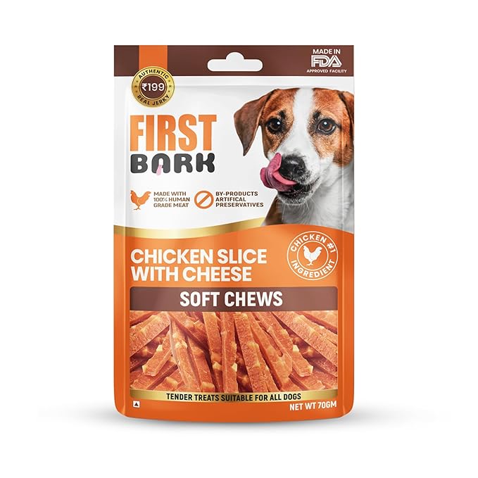 First Bark Dog Treats for Adult Dog & Puppy – Soft Chews Tender Chicken Jerky for Dogs, Small Dogs & Shih Tzu | Easy-to-Chew Puppy Treats & Dog Snacks – Chicken Slice with Cheese (70g) x1