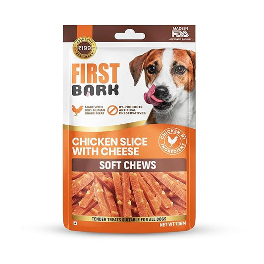 First Bark Dog Treats for Adult Dog & Puppy – Soft Chews Tender Chicken Jerky for Dogs, Small Dogs & Shih Tzu | Easy-to-Chew Puppy Treats & Dog Snacks – Chicken Slice with Cheese (70g) x1