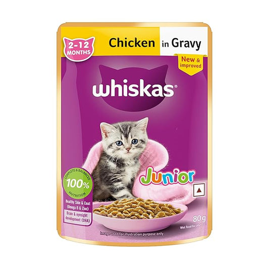 Whiskas Junior Kitten (2-12 Months) Wet Cat Food, Chicken in Gravy, 80 g Hydrating Food Made With Real Chicken, 100% Complete & Balanced Nutrition for Kittens