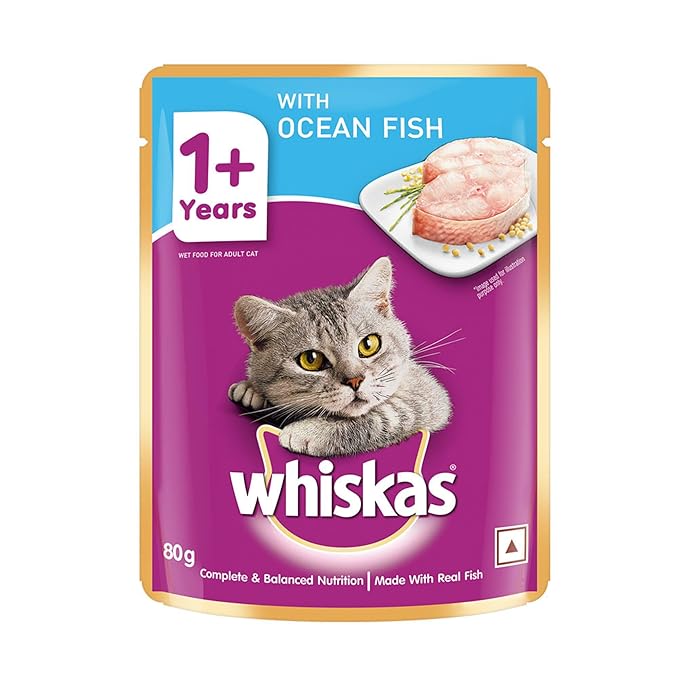 Whiskas Adult (1+ year) Wet Cat Food, Ocean Fish Flavor, 80 g Hydrating Food Made With Real Fish, 100% Complete & Balanced Nutrition for Adult Cats