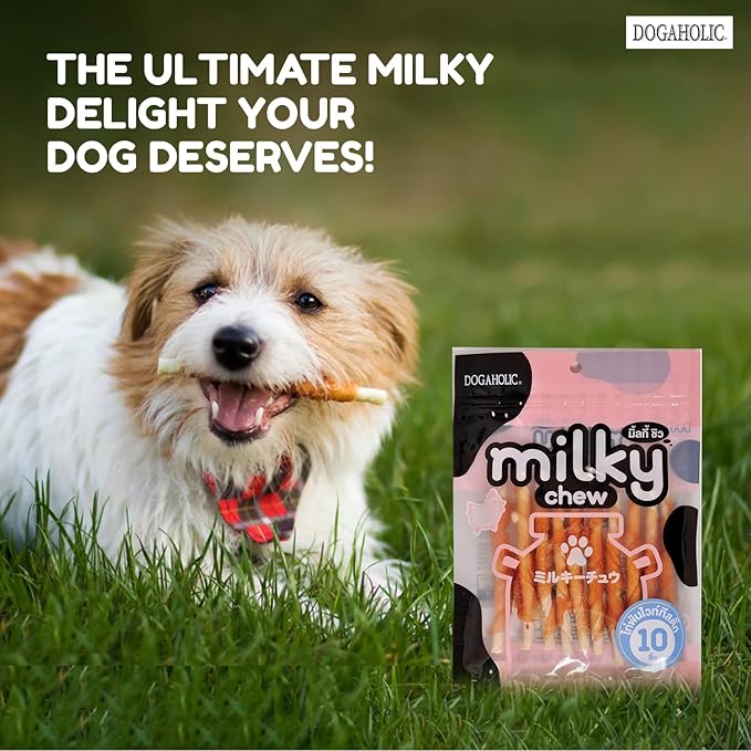 Dogaholic Milky Chew Stick Treats for Dogs of All Ages | Soft Milk-Flavoured Chicken Sticks | Ideal for Puppies & Adult Dogs | 10 Piece Pack