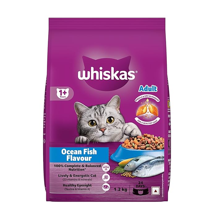 Whiskas Adult (1+ Years) Dry Cat Food, Ocean Fish Flavour, 1.2 kg, Contains 41 Essential Nutrients, Complete & Balanced Nutrition for Adult Cats