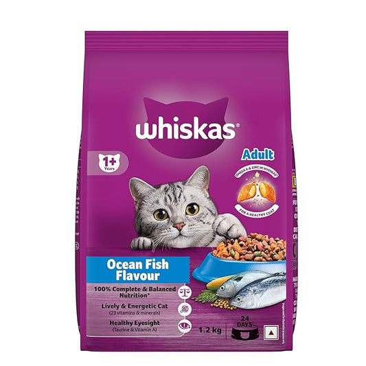 Whiskas Adult (1+ Years) Dry Cat Food, Ocean Fish Flavour, 1.2 kg, Contains 41 Essential Nutrients, Complete & Balanced Nutrition for Adult Cats