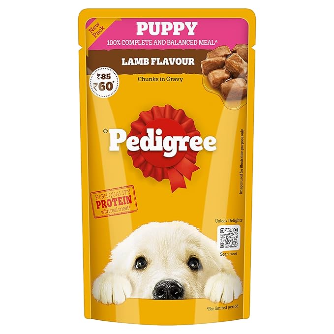 Pedigree Puppy Wet Dog Food, Lamb Flavour Chunks in Gravy, 130 g, Complete & Balanced Meal for Puppies