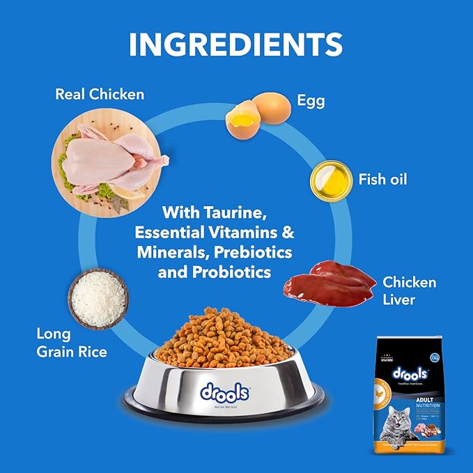 Drools Adult Dry Cat Food 3kg Pack | Real Chicken Flavour | Healthy Skin & Beautiful Coat | Hairball Protection | Better Vision and Shiny Coat | Complete Nutrition