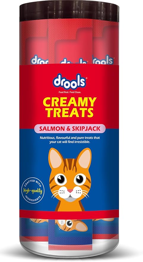 Drools All Life Stages Creamy Lickable Cat Treats 25 Pieces, Pack Total 375g | Salmon & Skipjack Flavour | Taurine for Heart and Vision Health | Easy to Hand Feed | Vitamins and Minerals