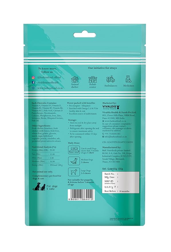 BARK OUT LOUD - Multivitamin Dog Treats, Fresh Chicken Immunity Chewstix with Omega & Zinc to Boost Health & Vitality for Dogs & Cats of All Life Stages - 100g (Pack of 1)