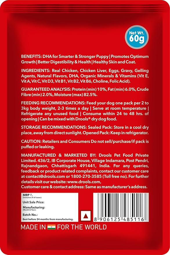 Drools Puppy Wet Dog Food 10 Pouches + 2 Pouches Free (12 x 60g) | Real Chicken and Chicken Liver Chunks in Gravy | Healthy Skin and Coat | Maintains Joint Health | Better Digestibility and Health