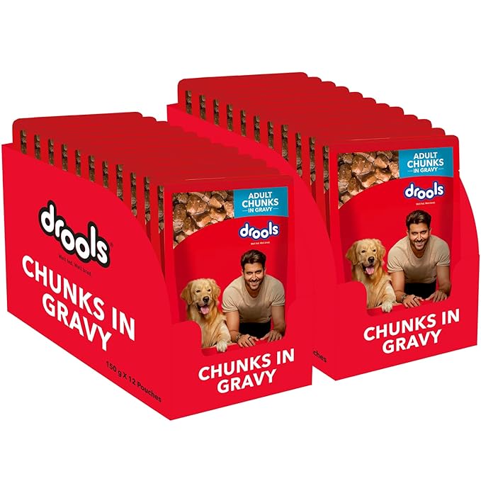 Drools Adult Wet Dog Food, Real Chicken and Chicken Liver Chunks in Gravy, 24 Pouches (24 x 150g)&Drools Non-Toxic Rubber Stud Spike Hard Ball Chew Toy, Puppy/Dog Teething Toy - 3 inches, Red