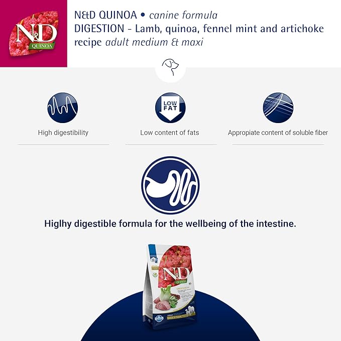 Farmina N&D Quinoa Digestion Adult Dog Food | Lamb | Supports Digestive Health | Complete Dietetic Food for Dogs | 2.5kg | Highly Digestible Formula