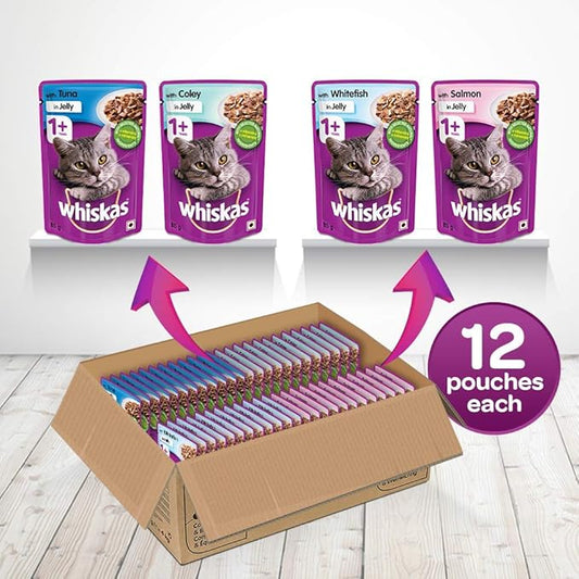 Whiskas Wet Cat Food Combo for Adult Cats (1+ Years s), Tuna in Jelly Flavour + Chicken in Gravy Flavour, 48 Pouches (48 x 85 g)