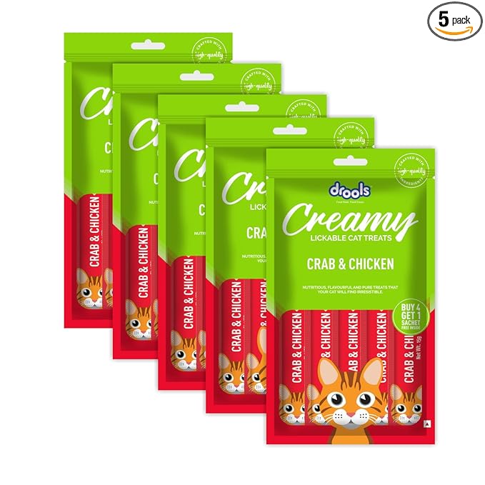 Drools All Life Stages Creamy Lickable Cat Treat (75g x 5 Sticks,375g) Pack of 5 | Crab & Chicken Flavour | Easy to Hand Feed | All Life Stages | Enriched with Vitamins Protein