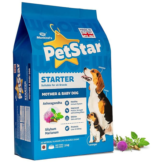 Mankind PetStar Starter Dry Dog Food (High Protein) for Mother & Puppy, 1kg Pack | Improves Muscle & Strength, Supports Immunity, Protects Liver & Kidney