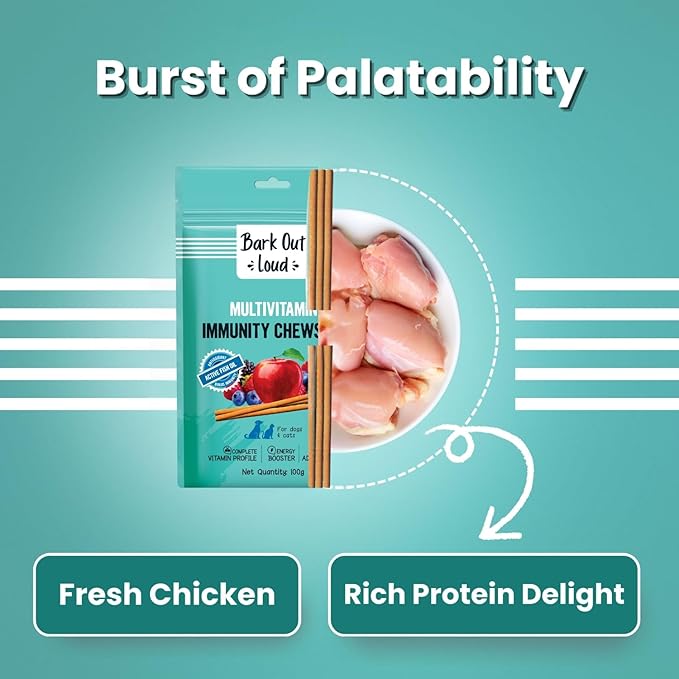 BARK OUT LOUD - Multivitamin Dog Treats, Fresh Chicken Immunity Chewstix with Omega & Zinc to Boost Health & Vitality for Dogs & Cats of All Life Stages - 100g (Pack of 1)