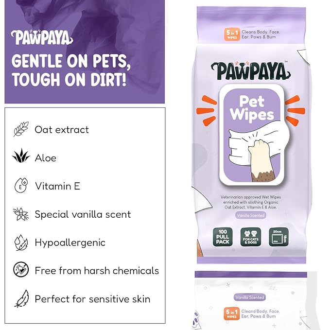 Vanilla Pet Wipes for Dogs & Cats | 5-in-1 Aloe Vera, Oat Extract & Vitamin E Grooming Wipes | Soft Cleaning Wipes for Paws, Face, Ears & Coat | Hypoallergenic Daily Hygiene Wipes