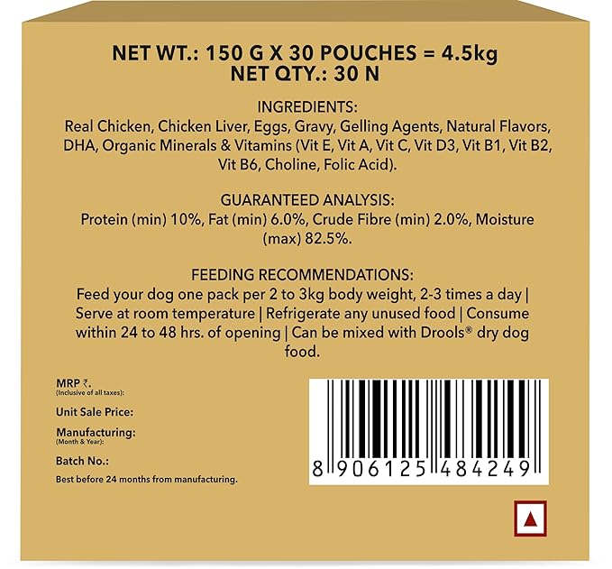Drools Puppy Wet Dog Food,Real Chicken and Chicken Liver Chunks in Gravy 4.5Kg (150g x 30) Pack of 60