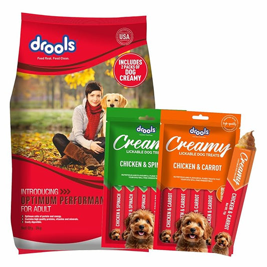 Drools Adult Optimum Performance Dry Dog Food 3kg, with 2 Dog Creamy Treats Free (75gm)