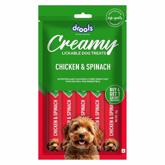 Drools Dog Treats, Creamy Chicken & Spinach 5 Sticks Tasty & Nutritious Snack for All Breeds, (15g x5),75g, All Life Stages