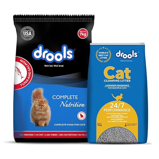 Drools Adult 7kg Dry Cat Food with 5kg Cat Litter Free | Tuna & Salmon Flavour | Taurine for Healthy Heart | Healthy Skin & Beautiful Coat | Control Urinary pH | Hair Ball Protection