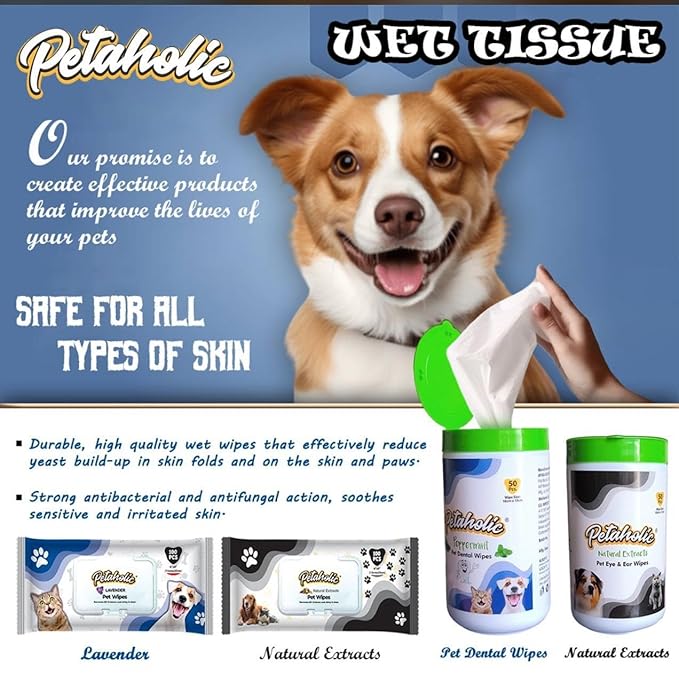 Orignal Petaholic Pet Wipe for Dog,Cat & Pets/Pet Grooming/Dry Bath Dog Wipes/Cat Wipes/Enriched with Aloe Vera Natural Extracts Scent | 100 Wet Wipes for Dogs & Cats (Pack of 1)
