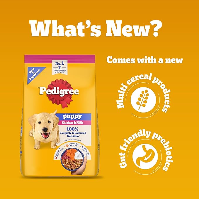 Pedigree Puppy Dry Dog Food, Chicken & Milk, 3 kg, Contains 37 Essential Nutrients, 100% Complete & Balanced Food for Puppies