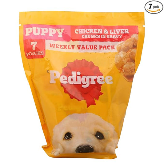 Pedigree Puppy Dog - Food Chicken & Liver Chunks in Gravy Weekly Value Pack, 490 gm Pack