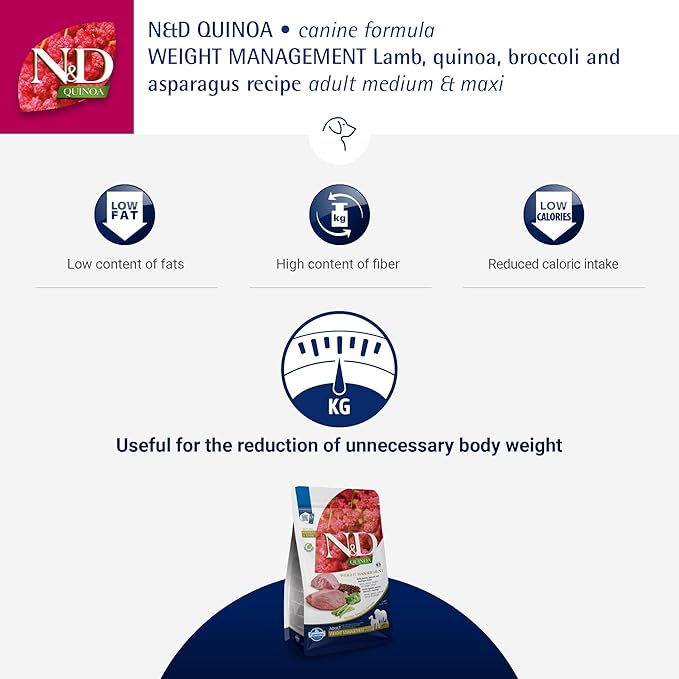 N&D FARMINA PET FOODS Quinoa Weight Management Dry Dog Food, Grain-Free, Adult Breed, 2.5- Kg, Lamb Broccoli and Asparagus,Pack of 1