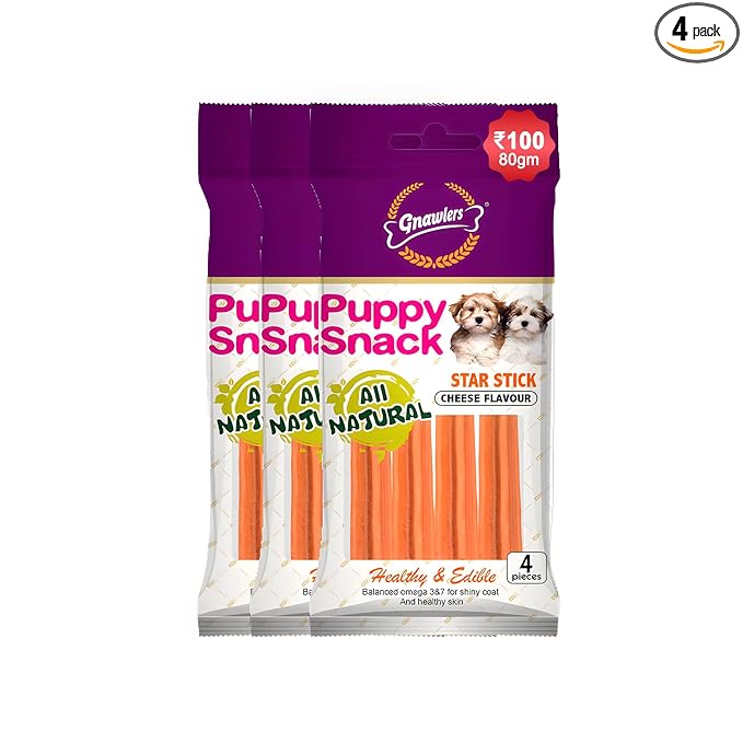 GNAWLERS Puppy Snack,Healthy & Edible,with Added Prebiotics,Vitamins & Minerals,Balanced Omega 3&6 for Shiny Coat & Healthy Skin,Star Stick - Cheese Flavor,4 Pieces,80gm,Pack of 3 Sold By DogsNCats