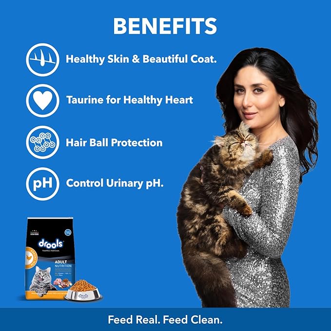 Drools Cat Adult Dry Cat Food 1kg with Free Cat Creamy Treat 75g | Real Chicken Flavour | Hair Ball Protection | Taurine for Healthy Heart | Healthy Skin & Beautiful Coat