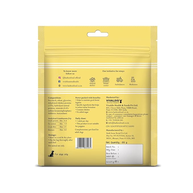 BARK OUT LOUD- Dental Sticks Adult Dog Treats | Sugar/Gluten Free | Plaque Tartar & Odour Oral Care | Fresh Smell Chicken Dog Treats - 100 Gm