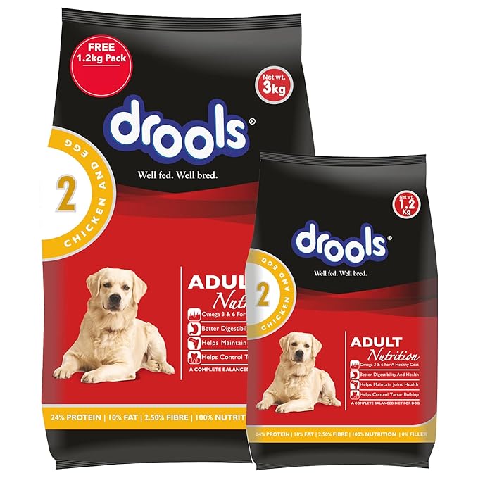 Drools Chicken and Egg Adult Dry Dog Food, 3 Kg with Free 1.2 Kg&Kitten(1-12 Months) Dry Cat Food, Ocean Fish, 1.2Kg with Free Container
