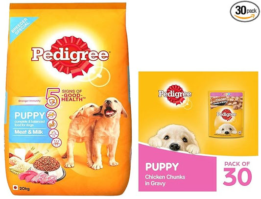 Pedigree Puppy Dry Dog Food, Meat & Milk, 20kg Pack & Puppy Wet Dog Food, Chicken Chunks in Gravy, 70 g (Pack of 30)