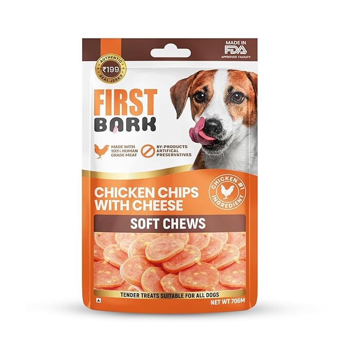 First Bark Dog Treats for Adult Dog & Puppy – Soft Chews Tender Chicken Jerky for Dogs, Small Dogs & Shih Tzu | Easy-to-Chew Puppy Treats & Dog Snacks – Chicken Chips with Cheese (70g) x1