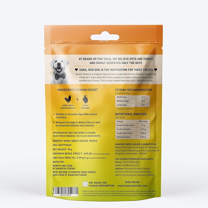 HUFT Sara's Doggie Treats – Mango Chicken Jerky 70 g | 100% Natural, Farm-Fresh Ingredients | No Preservatives or Artificial Colors | Healthy, High-Protein Treat for All Dog Breeds