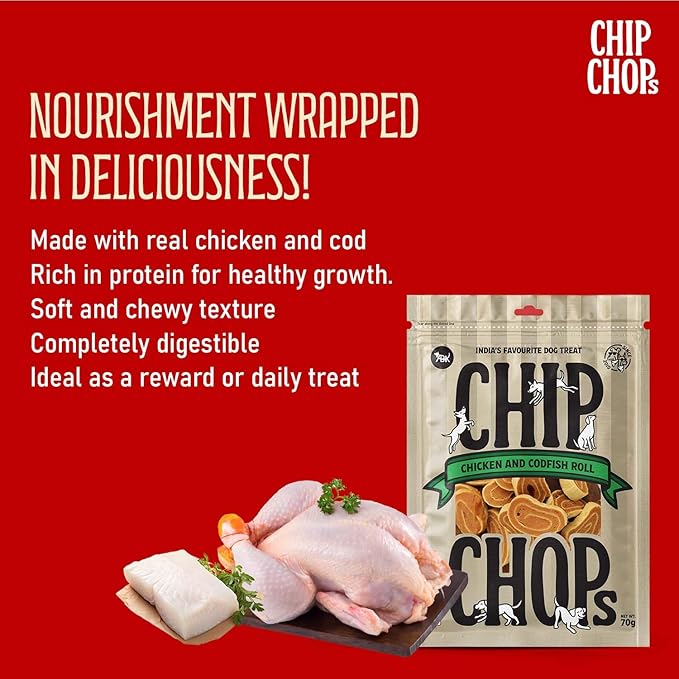 Chip Chops Dog Treat Chicken and Codfish Rolls, Optimum Health Formula, Highly Nutritional & Digestible, Suitable for All Dog Breeds in Multi-Packs, 140G (Pack of 2), All Life Stages, Roll