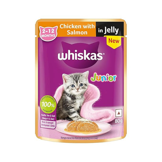 Whiskas Junior Kitten (2-12 Months) Wet Cat Food, Chicken with Salmon in Jelly, 80 g, Hydrating Food Made with Real Fish, 100% Complete & Balanced Nutrition for Kittens
