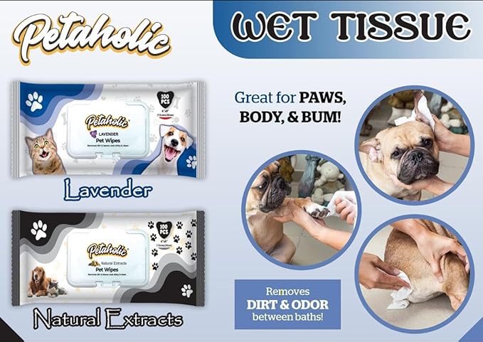 Orignal Petaholic Pet Wipe for Dog,Cat & Pets/Pet Grooming/Dry Bath Dog Wipes/Cat Wipes/Enriched with Aloe Vera Natural Extracts Scent | 100 Wet Wipes for Dogs & Cats (Pack of 1)