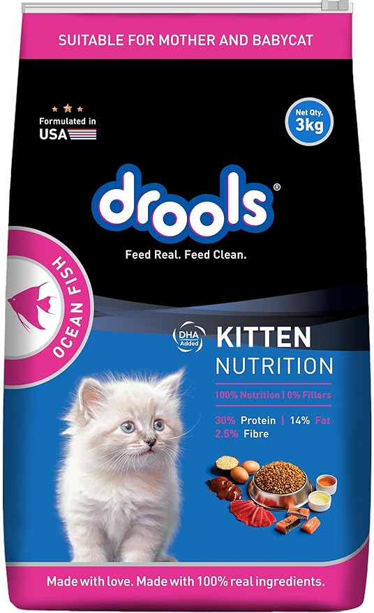 Drools Dry Cat Kitten Food 3kg | Ocean Fish Flavour | Skin and Coat Health | Maintains a Healthy Digestive System | No Artiﬁcial Flavours | Hairball Control