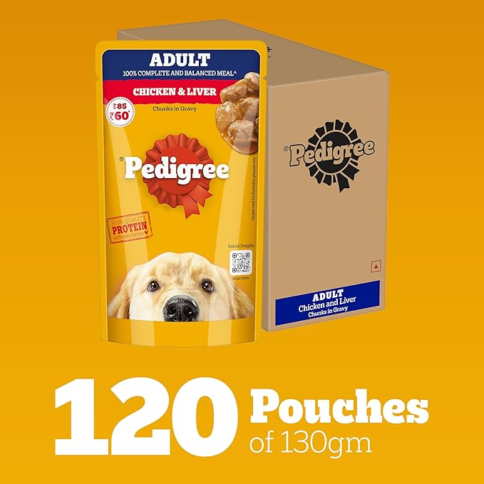 Pedigree Adult Wet Dog Food, Chicken & Liver Chunks in Gravy, 130 g (Pack of 120), Complete & Balanced Meal for Adult Dogs
