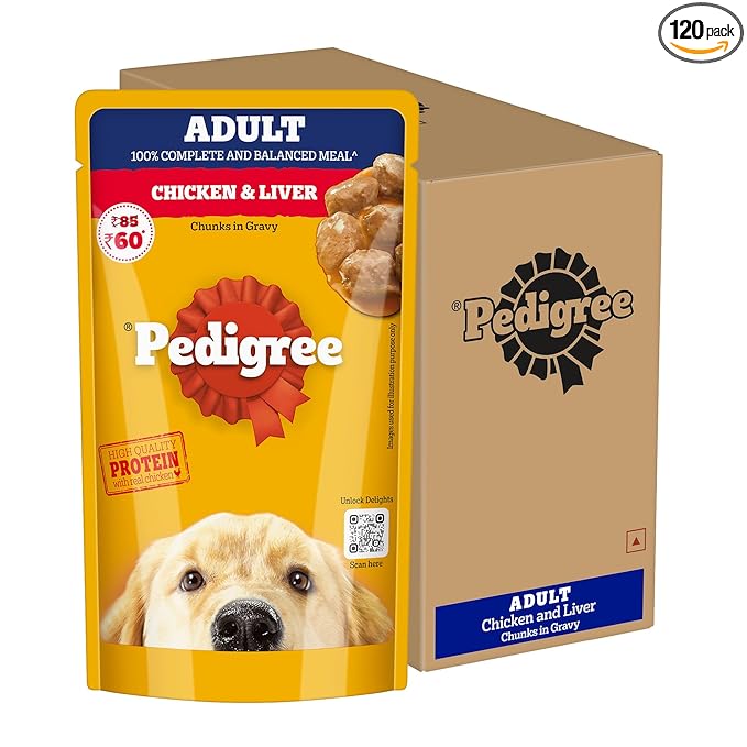 Pedigree Adult Wet Dog Food, Chicken & Liver Chunks in Gravy, 130 g (Pack of 120), Complete & Balanced Meal for Adult Dogs