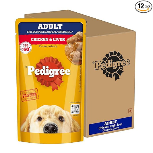 Pedigree Adult Wet Dog Food, Chicken & Liver Chunks in Gravy, 130 g (Pack of 12), Complete & Balanced Meal for Adult Dogs