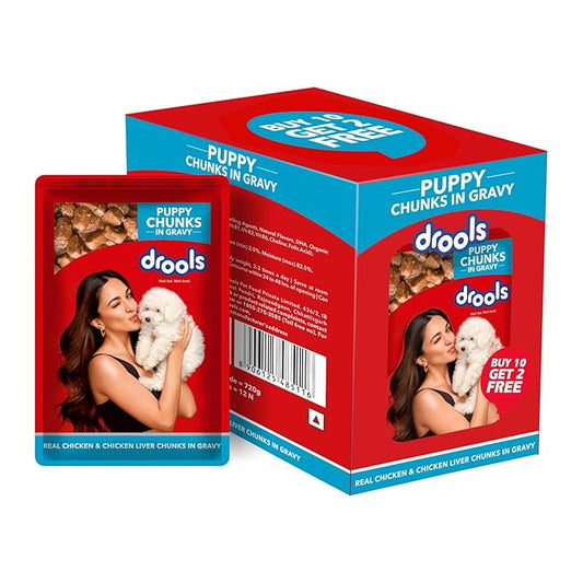 Drools Puppy Wet Dog Food 10 Pouches + 2 Pouches Free (12 x 60g) | Real Chicken and Chicken Liver Chunks in Gravy | Healthy Skin and Coat | Maintains Joint Health | Better Digestibility and Health