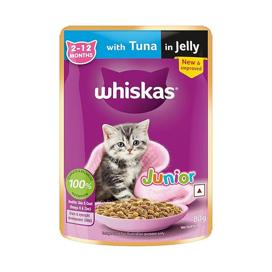 Whiskas Junior Kitten (2-12 Months) Wet Cat Food, Tuna in Jelly, 80 g, Hydrating Food Made With Real Fish, 100% Complete & Balanced Nutrition for Kittens