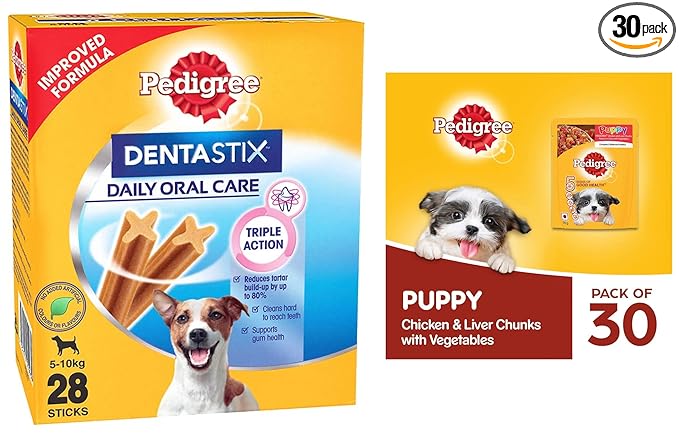 Pedigree Dentastix Small Breed (5-10 kg) Oral Care Dog Treat, 440g Monthly Pack (28 Chew Sticks) & Puppy Wet Dog Food, Chicken and Liver Chunks Flavour in Gravy with Vegetables, 30 Pouches (30x70g)